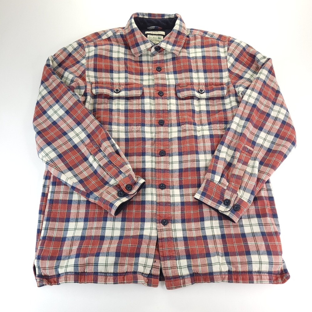 LL Bean Fleece Lined Flannel Shirt Mens Med Traditional Fit Red White Blue Plaid